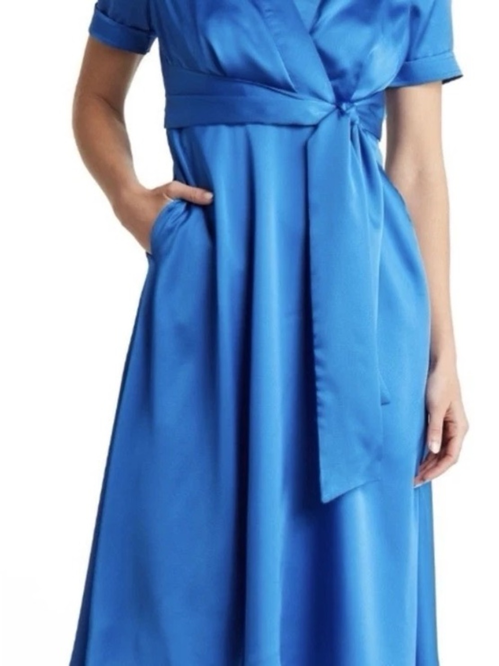 Tahari Mid-Length Blue Satin Mock Wrap Dress Size 10